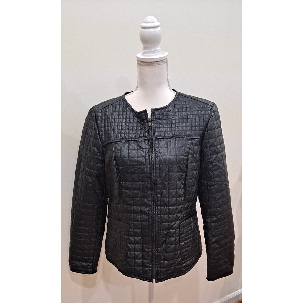 Ladies Black Faux Leather Jacket Baccini Full Zip Square Quilted Bomber‎